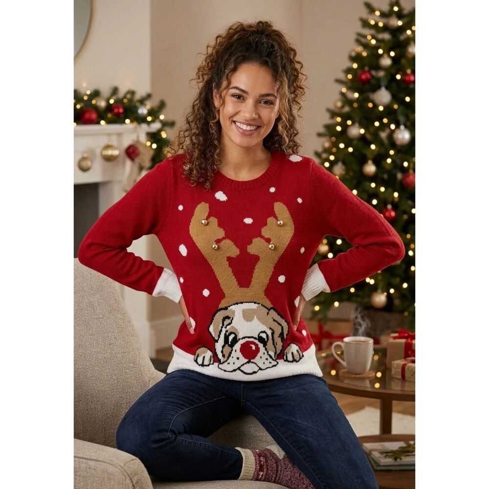 Carolyn Taylor Ugly Christmas sweater Womens Sz L Puppy Dog Red Reindeer Bells